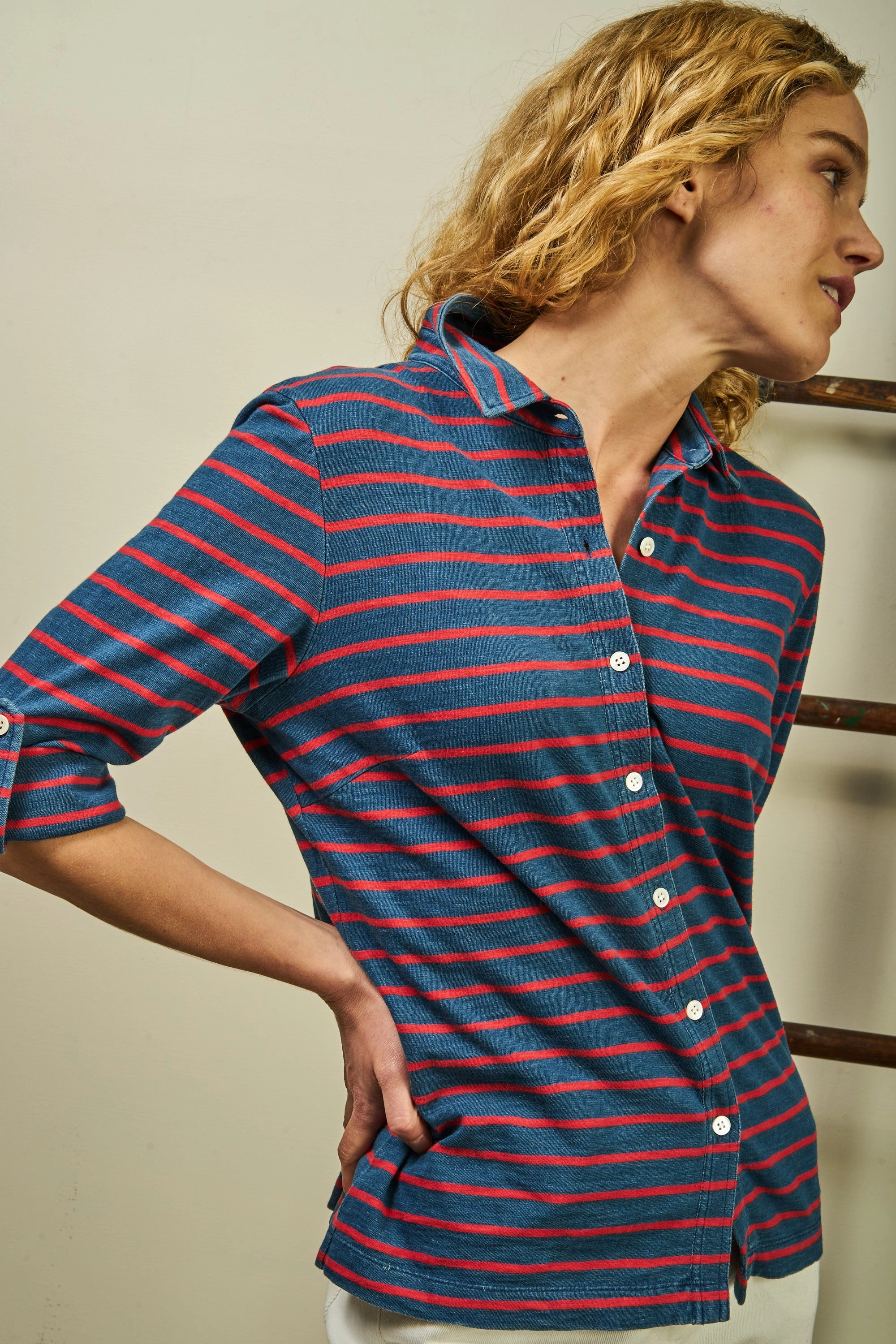 UVProtective Coating Printed Blouse Avalon Indigo Knit Top in 3/4" Red/Navy Stripe