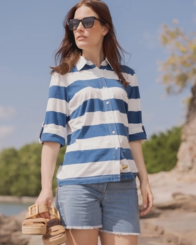 Avalon Indigo Knit Top in Blue/White Rugby Stripe Winter Fashion Heather Effect Finish