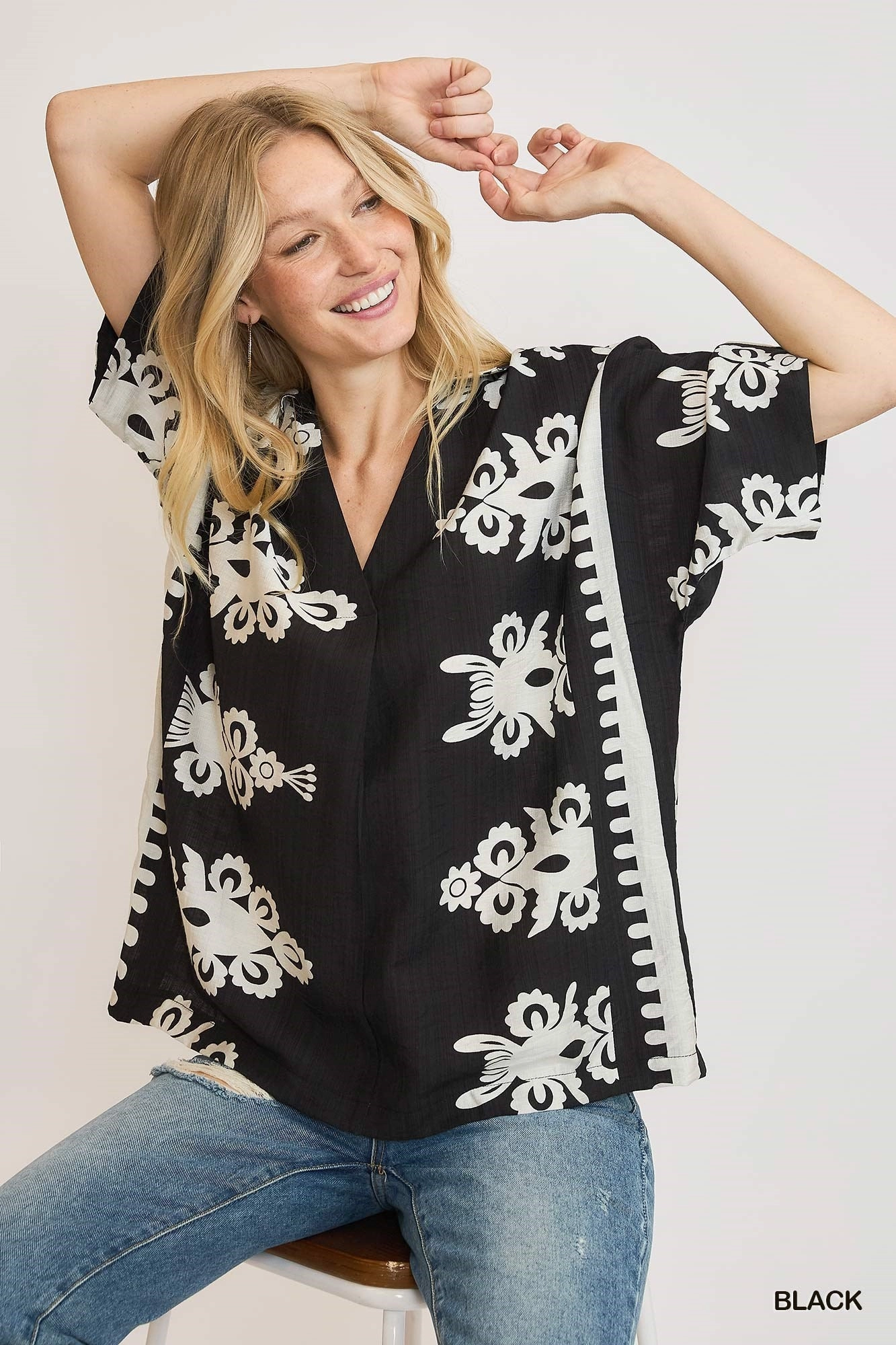 Black & Cream Border Print Oversized Top Oversized Silhouette Snag Resistant Surface