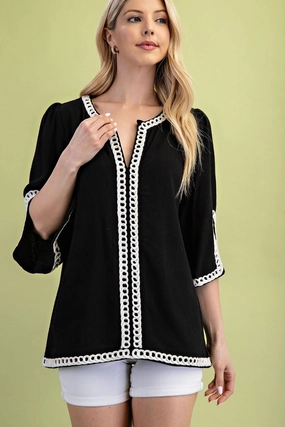Black Linen Blend Embroidered Tunic Simple Dress
