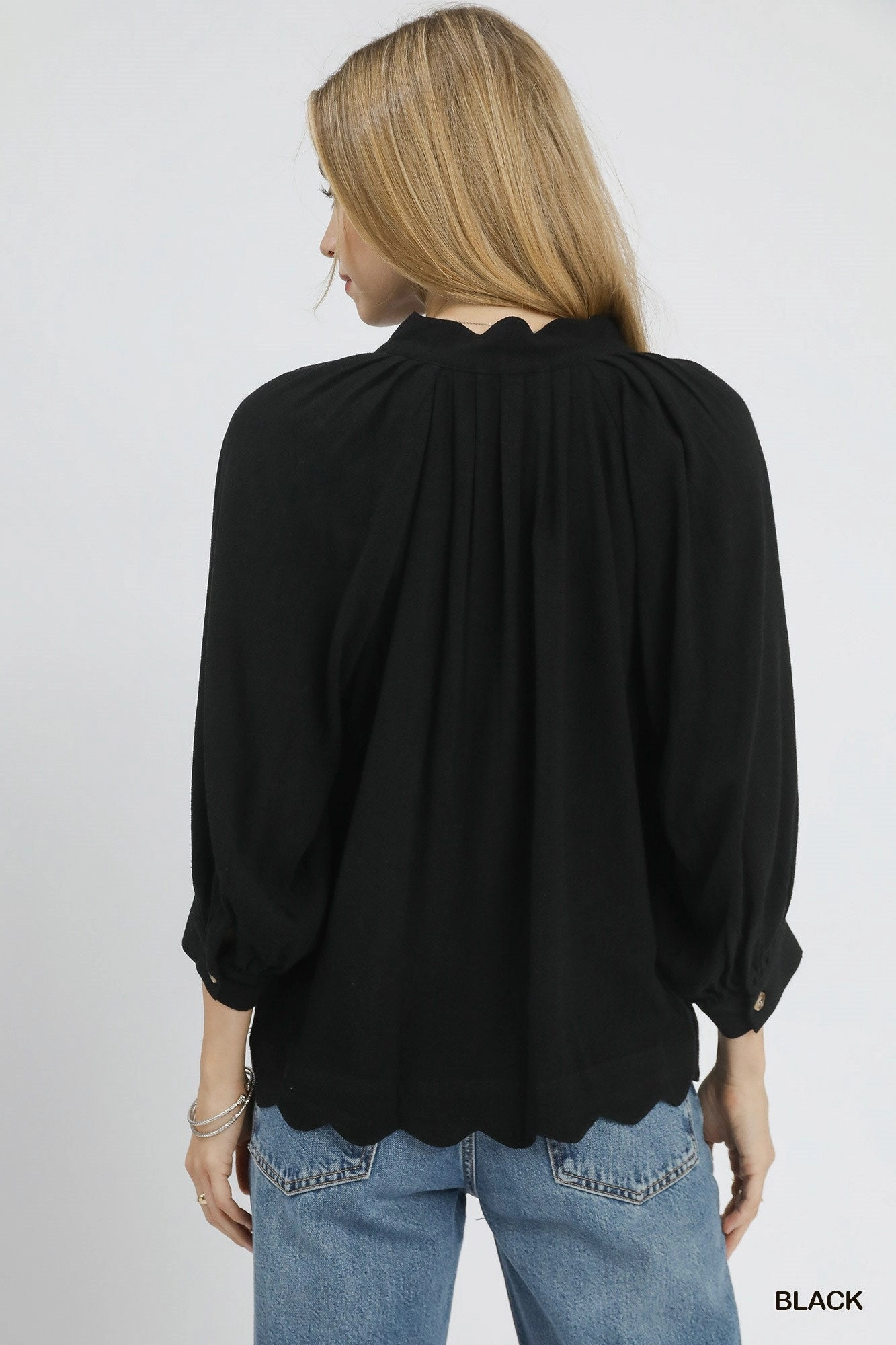 Black Linen  Blend Scallop Hem Blouse Tagless Collar