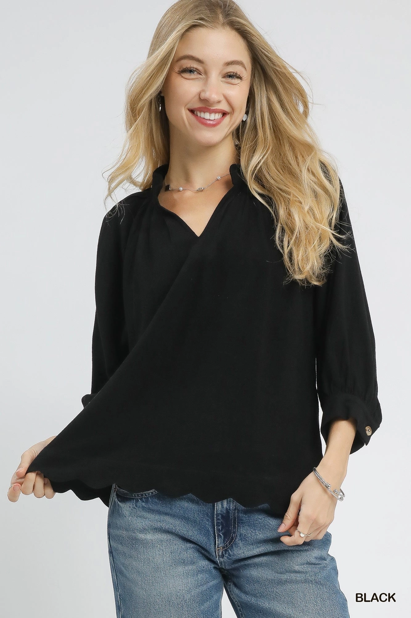 Fashion Statement FlexibleKnit Black Linen  Blend Scallop Hem Blouse