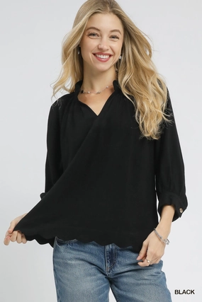 Fashion Statement FlexibleKnit Black Linen  Blend Scallop Hem Blouse