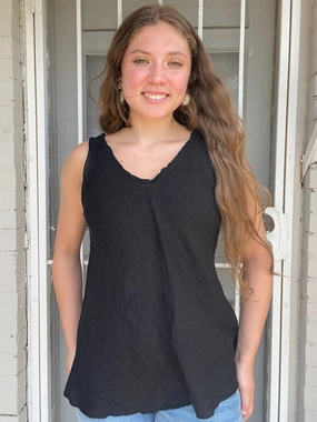 LaserCut Edges Flowing Design BLACK Ruffled V-Neck Linen Tank