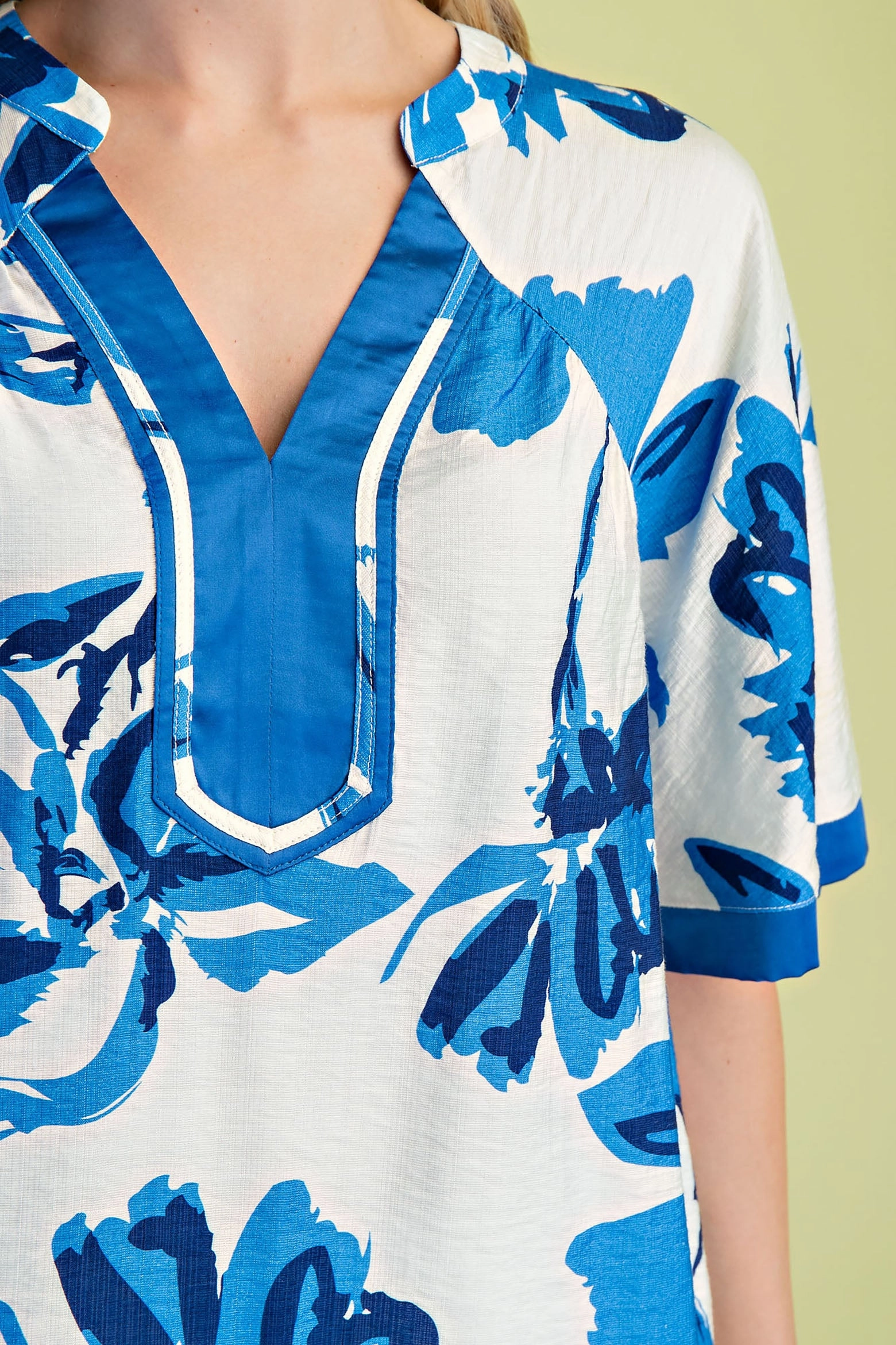 Blue on White Floral V-Neck Top All Weather Performance Fabric