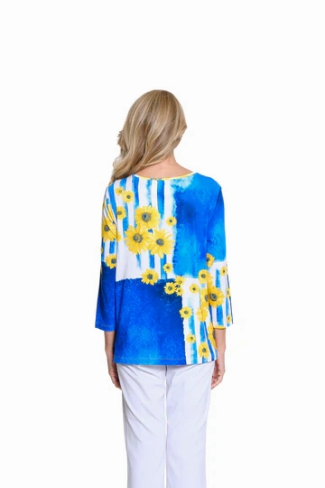 WrinkleResistantFinish Comfy Layer Blue, White & Yellow Sunflowers Knit Top by Multiples