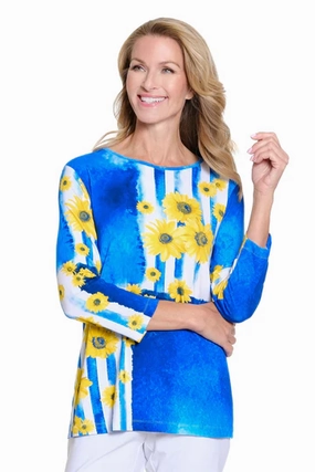 Blue, White & Yellow Sunflowers Knit Top by Multiples Hidden Ventilation Zones