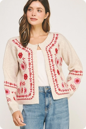 Hydrophobic Threadwork Blush Bloom Embroidered Cardigan