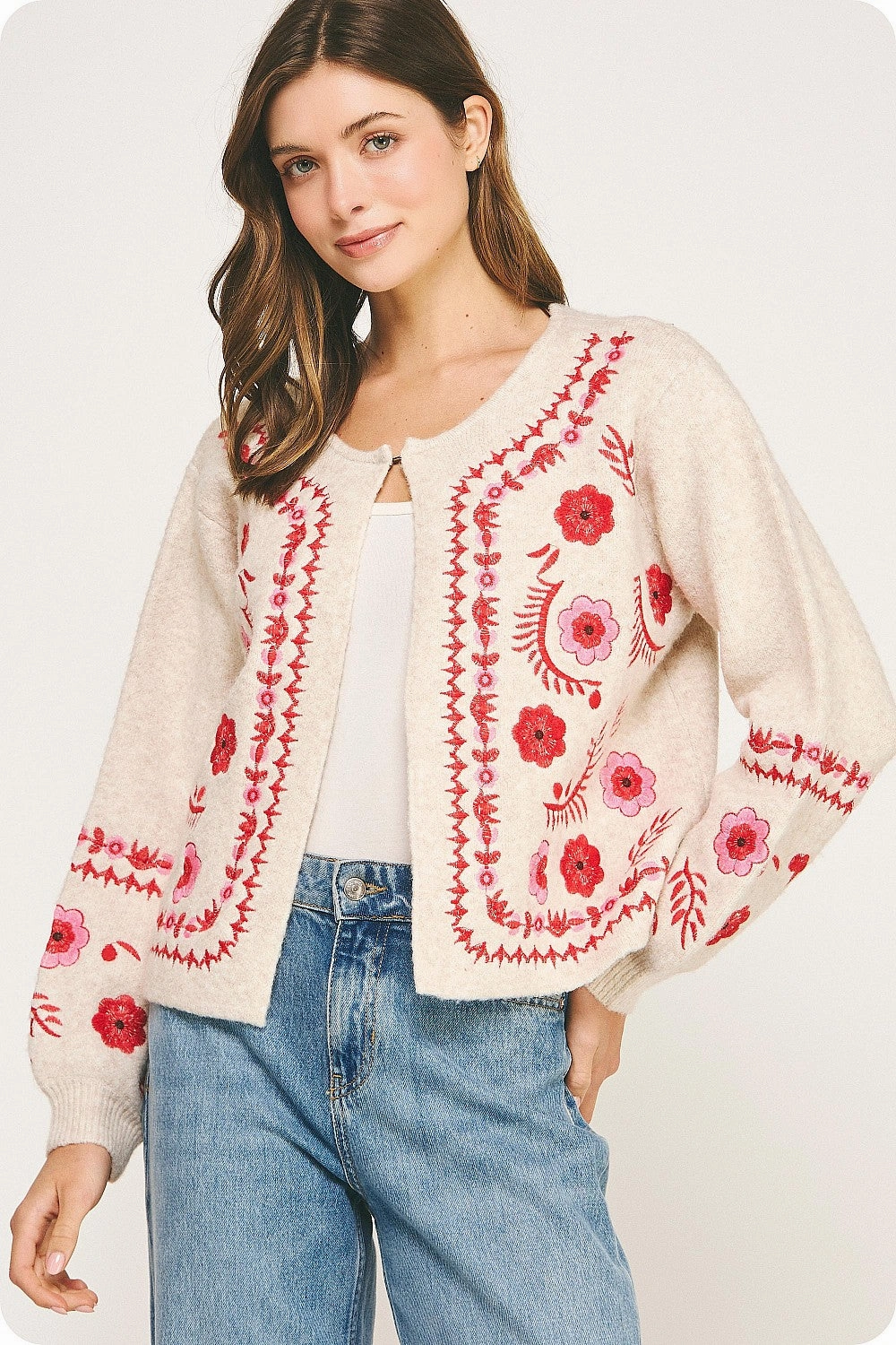 Blush Bloom Embroidered Cardigan Bonded Seam Innovation