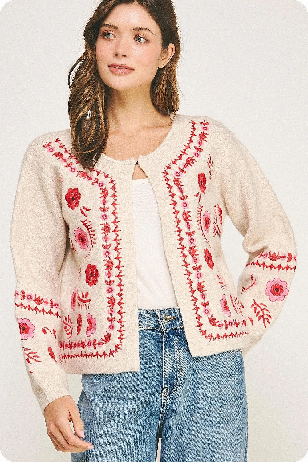 Hydrophobic Threadwork Blush Bloom Embroidered Cardigan