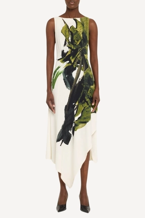 StretchComfort Flexible Ribbed Cuffs BOATNECK FIT AND FLARE CREPE DRESS WITH BRUSHSTROKE PRINT