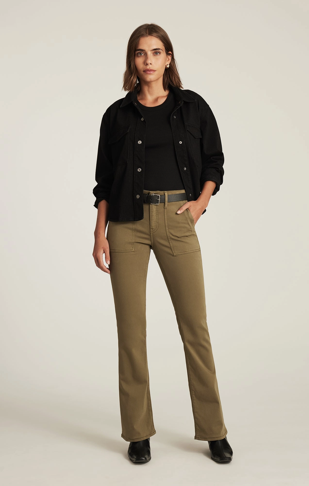 Slim Profile VICKY PATCH POCKET BOOTCUT IN DARK OLIVE SATEEN