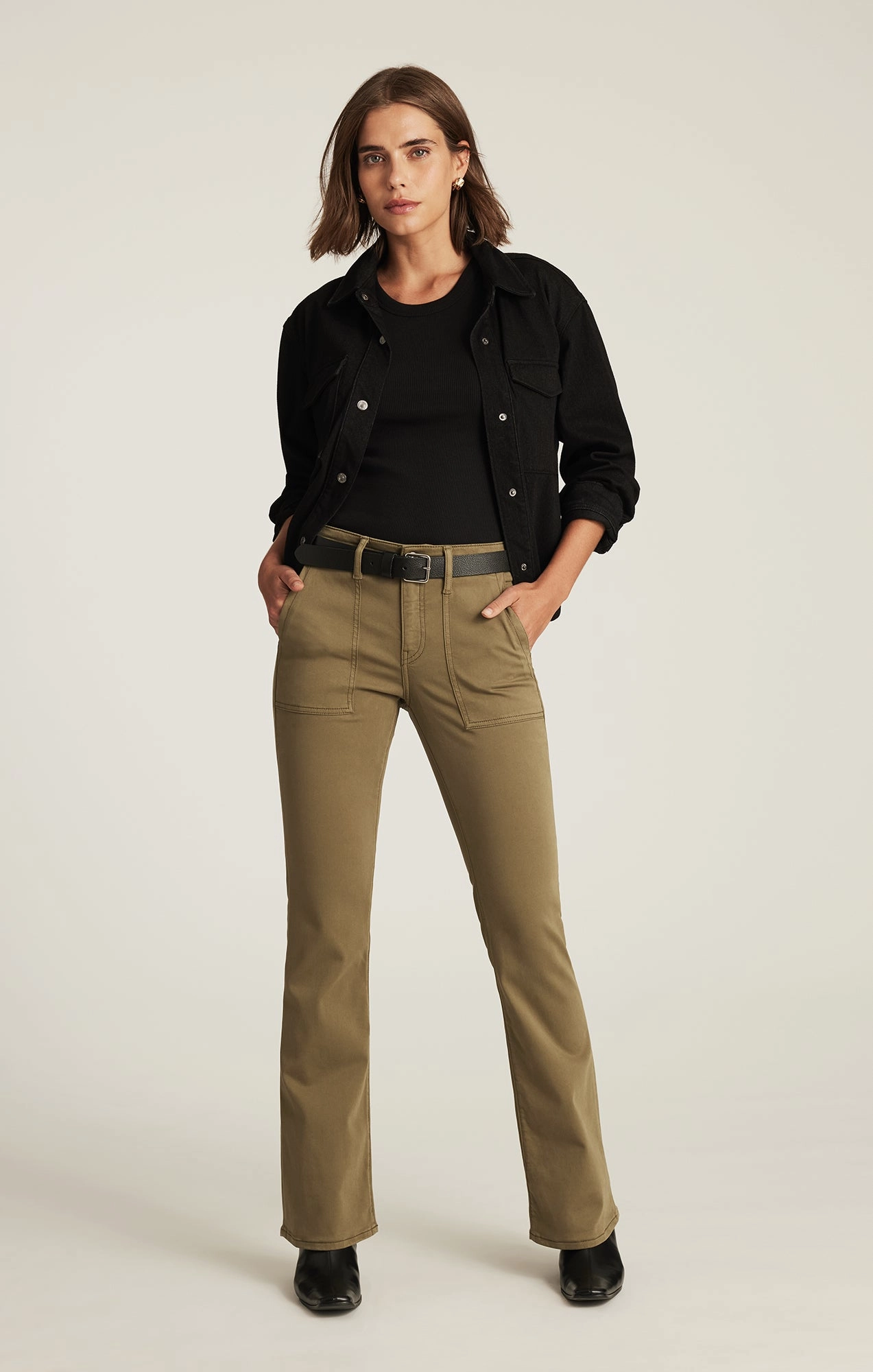 VICKY PATCH POCKET BOOTCUT IN DARK OLIVE SATEEN Carbon Infused Fabric