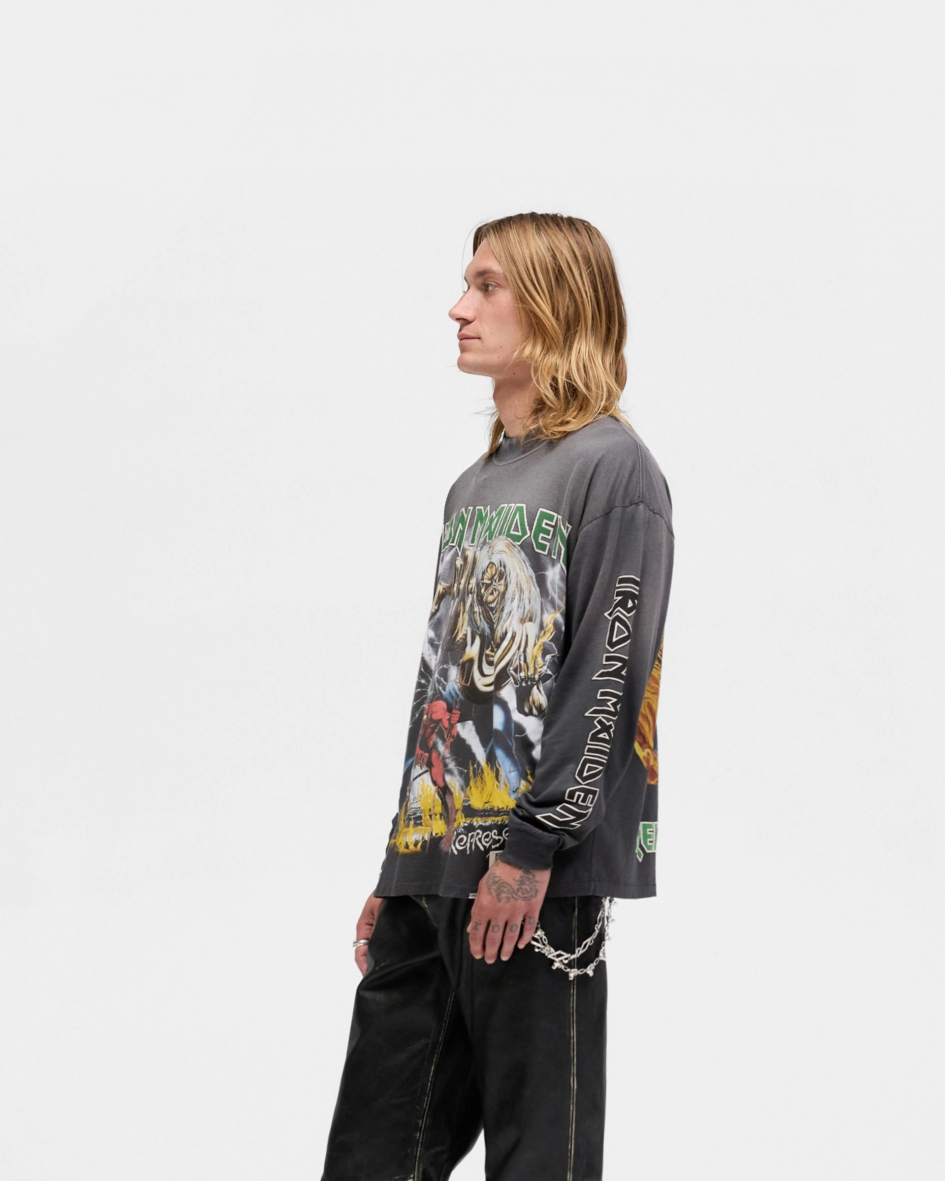 Trendy Wearable harmonious Represent X Iron Maiden Number Of The Beast Long Sleeve T-Shirt - Sunfade Grey