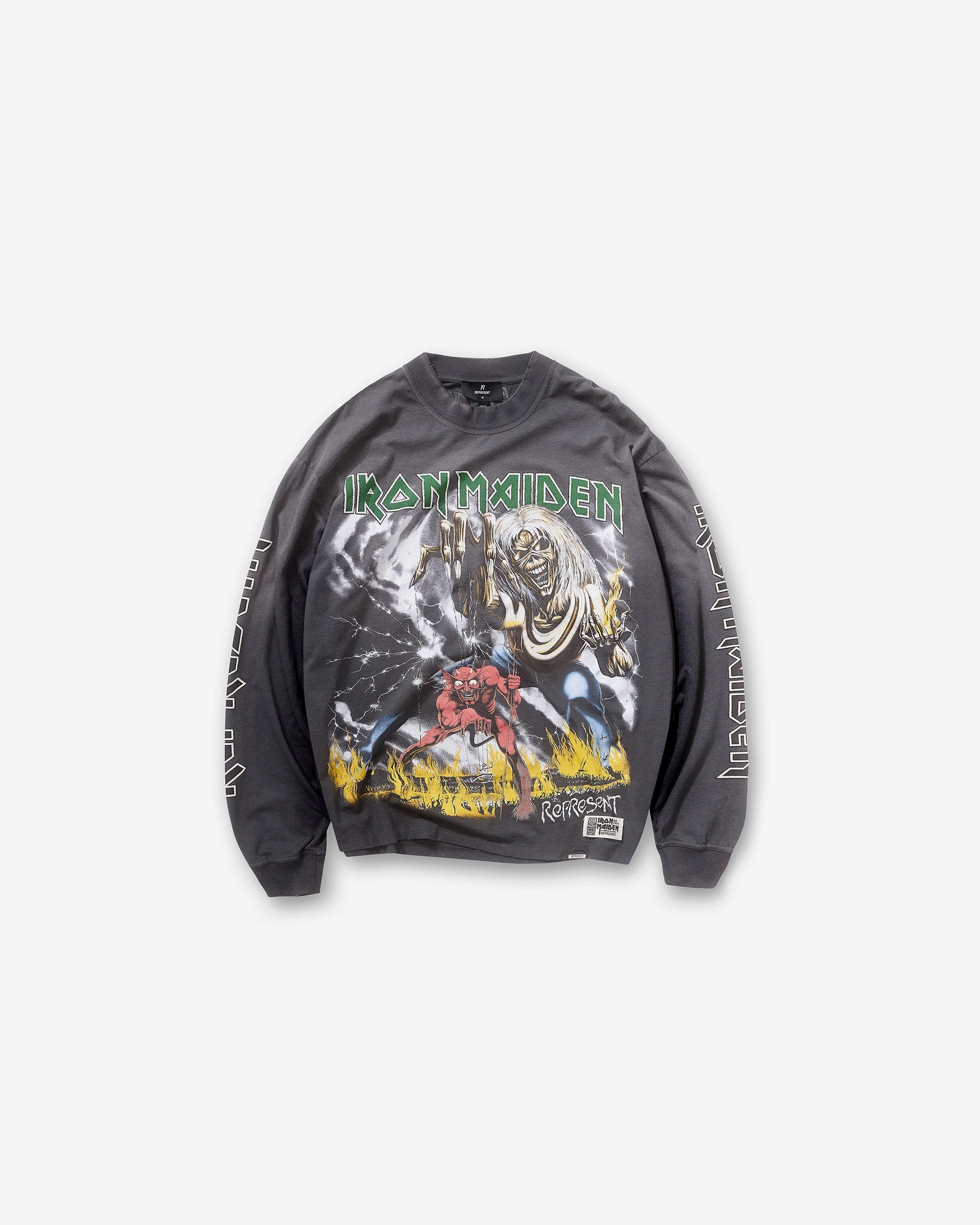 Represent X Iron Maiden Number Of The Beast Long Sleeve T-Shirt - Sunfade Grey Reinforced Neckline