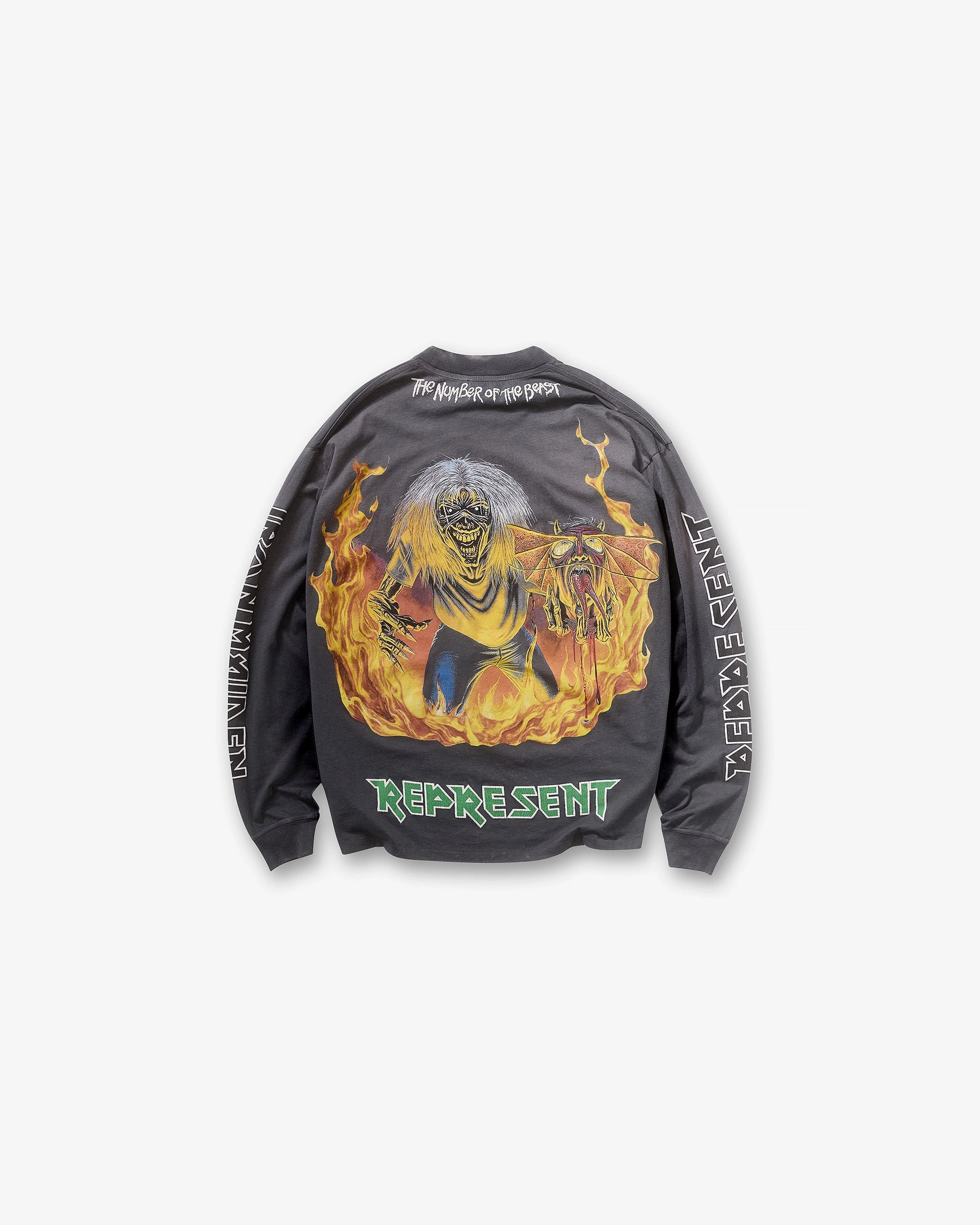 Represent X Iron Maiden Number Of The Beast Long Sleeve T-Shirt - Sunfade Grey FadeResistant Coating