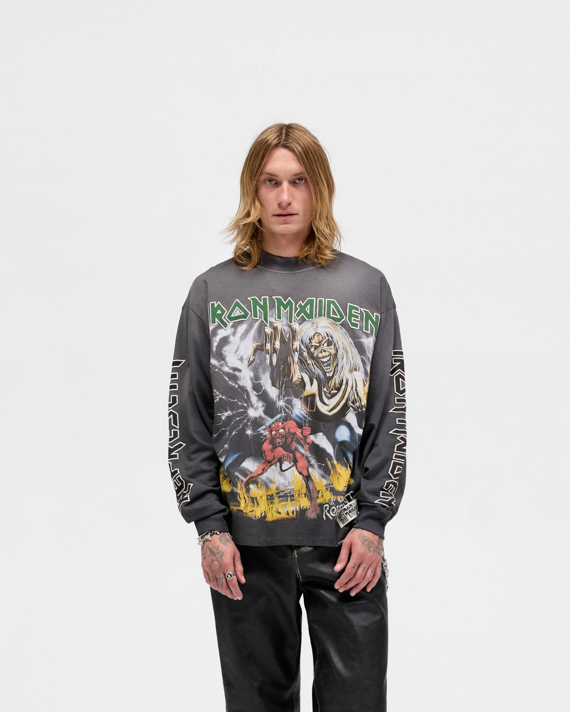 Represent X Iron Maiden Number Of The Beast Long Sleeve T-Shirt - Sunfade Grey Breathable Stretch