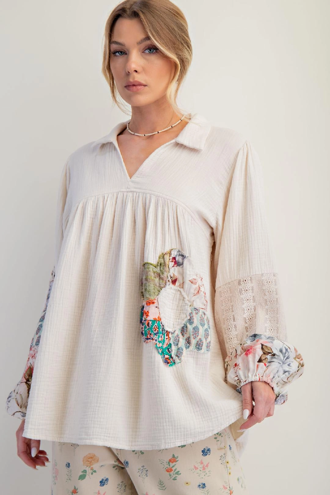 Ecru Patchwork Cotton Gauze Tunic YarnBlend