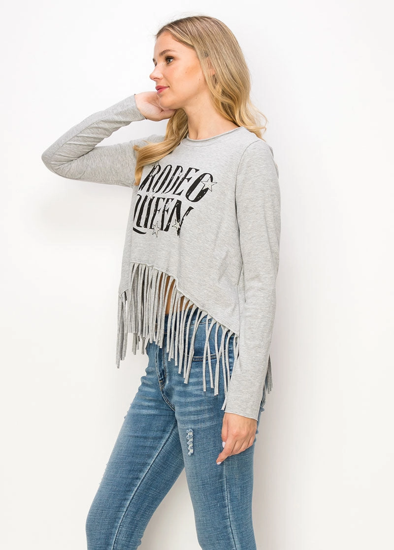 High Durability Material Rodeo Queen Long Sleeve Fringe Top