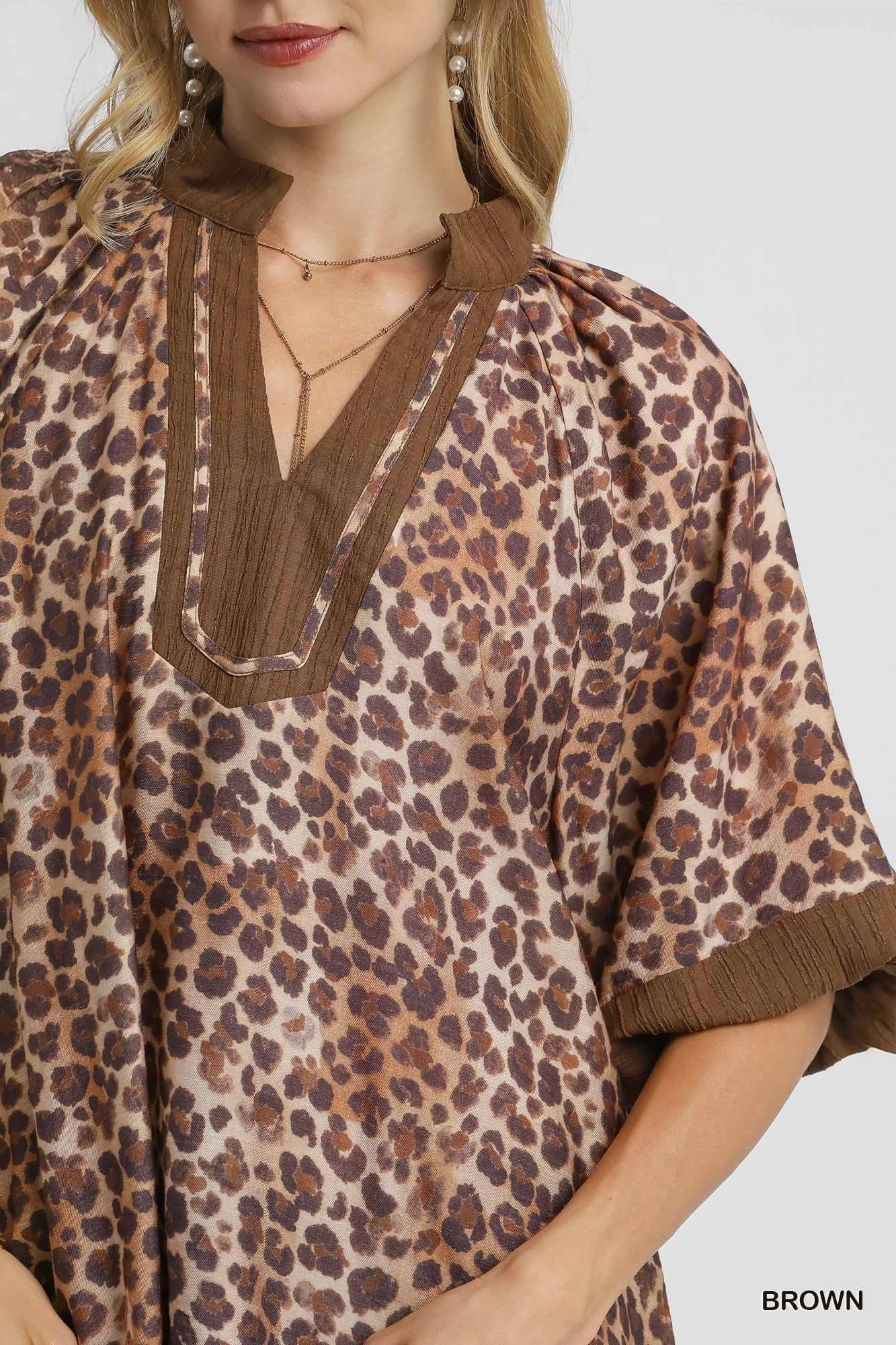 DoubleStitched Construction Brown Leopard Print Pleated Sleeve Blouse