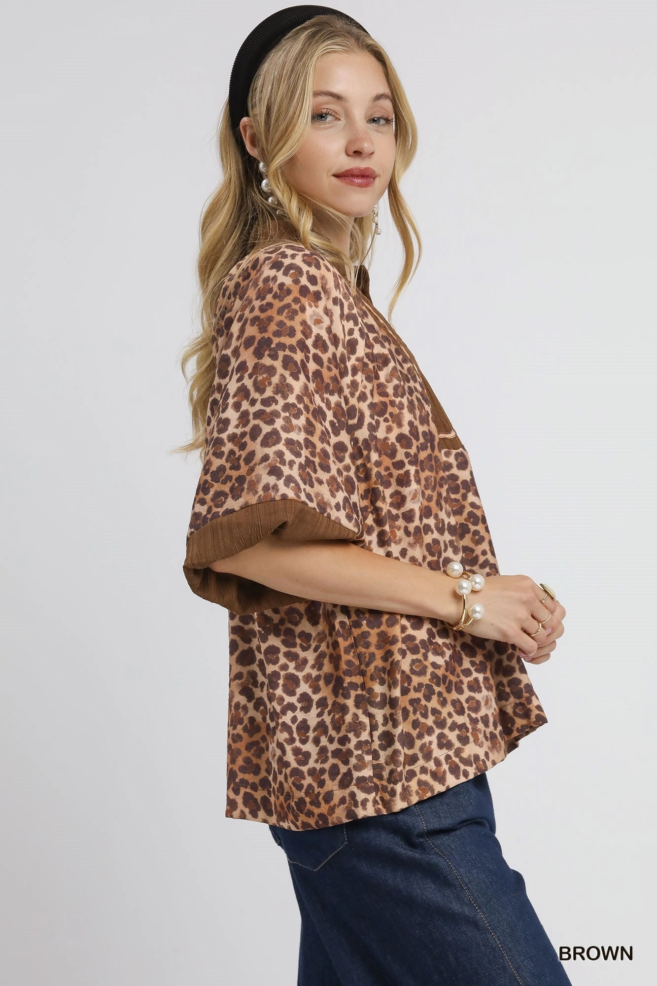 Biodegradable material Raw Edge Detail Brown Leopard Print Pleated Sleeve Blouse