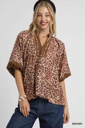 Brown Leopard Print Pleated Sleeve Blouse StretchFit Design Quick Dry Technology