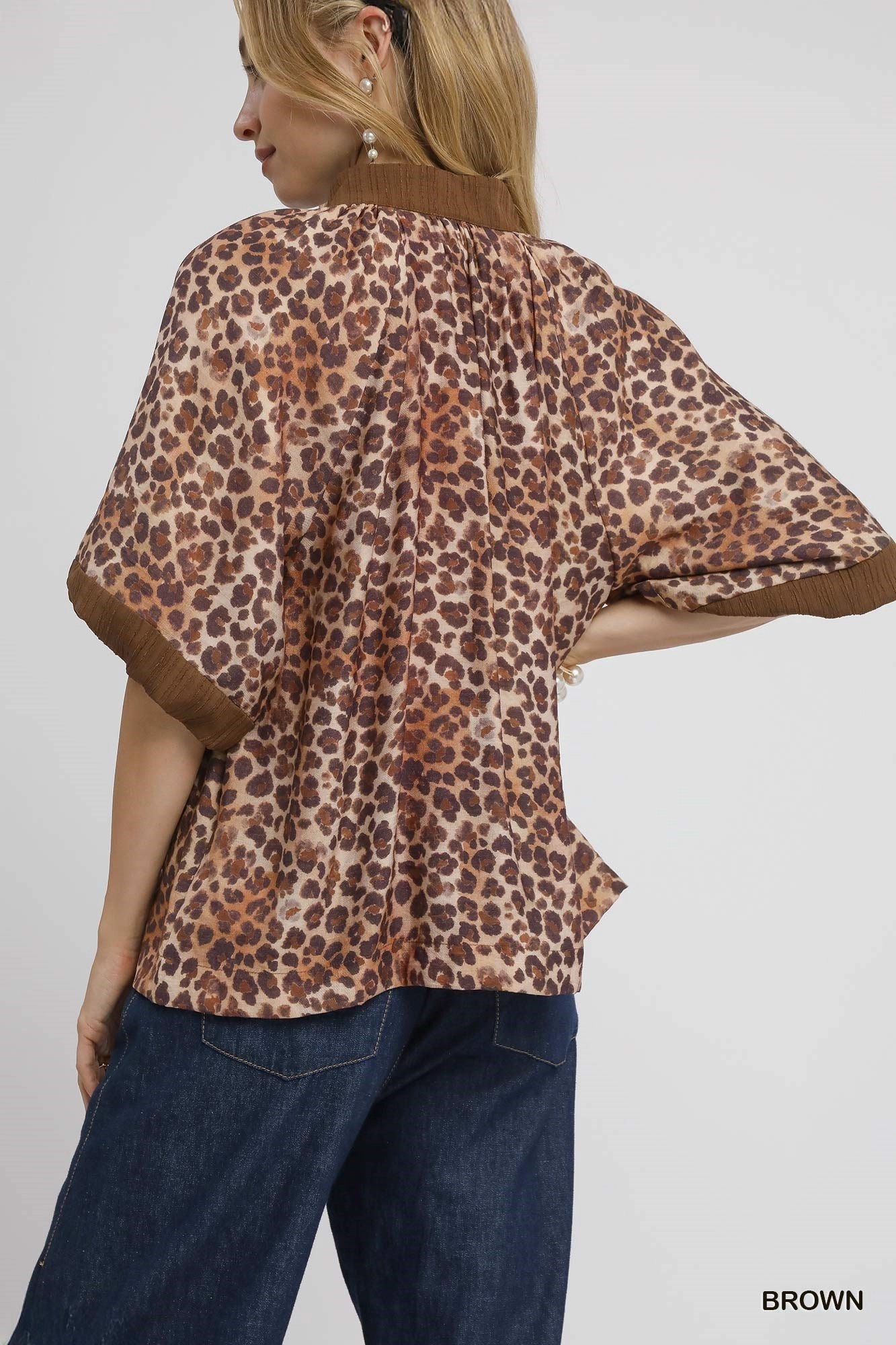 Brown Leopard Print Pleated Sleeve Blouse Summer Blouse