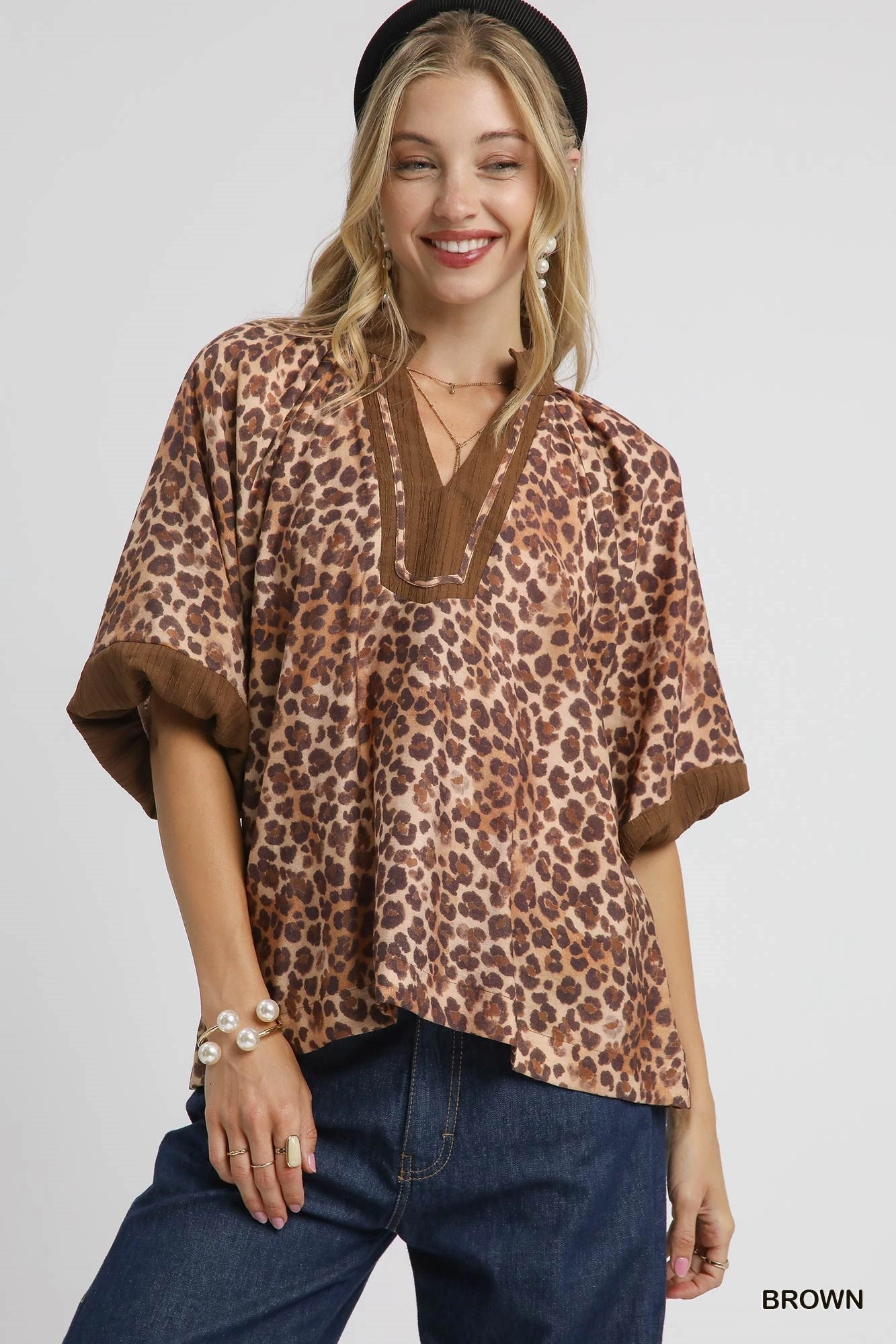 Brown Leopard Print Pleated Sleeve Blouse StretchFit Design Quick Dry Technology