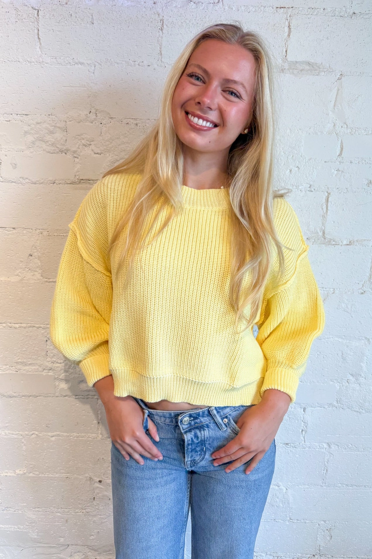 QuiltedPattern Versatile Layering Weight Butter Yellow Pullover Sweater