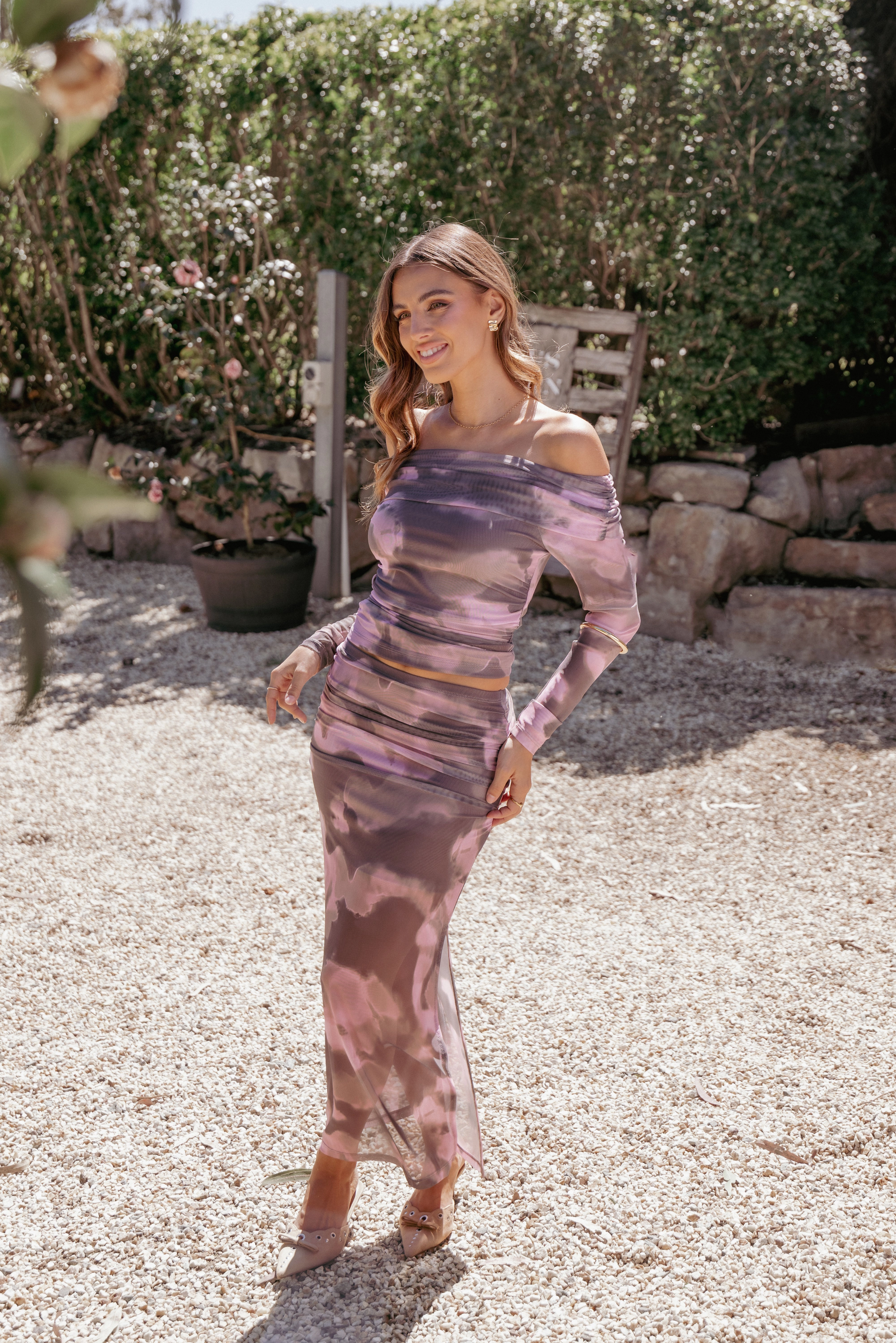 High Waist Spring Brunch Caelira Skirt - Pink/Brown Print