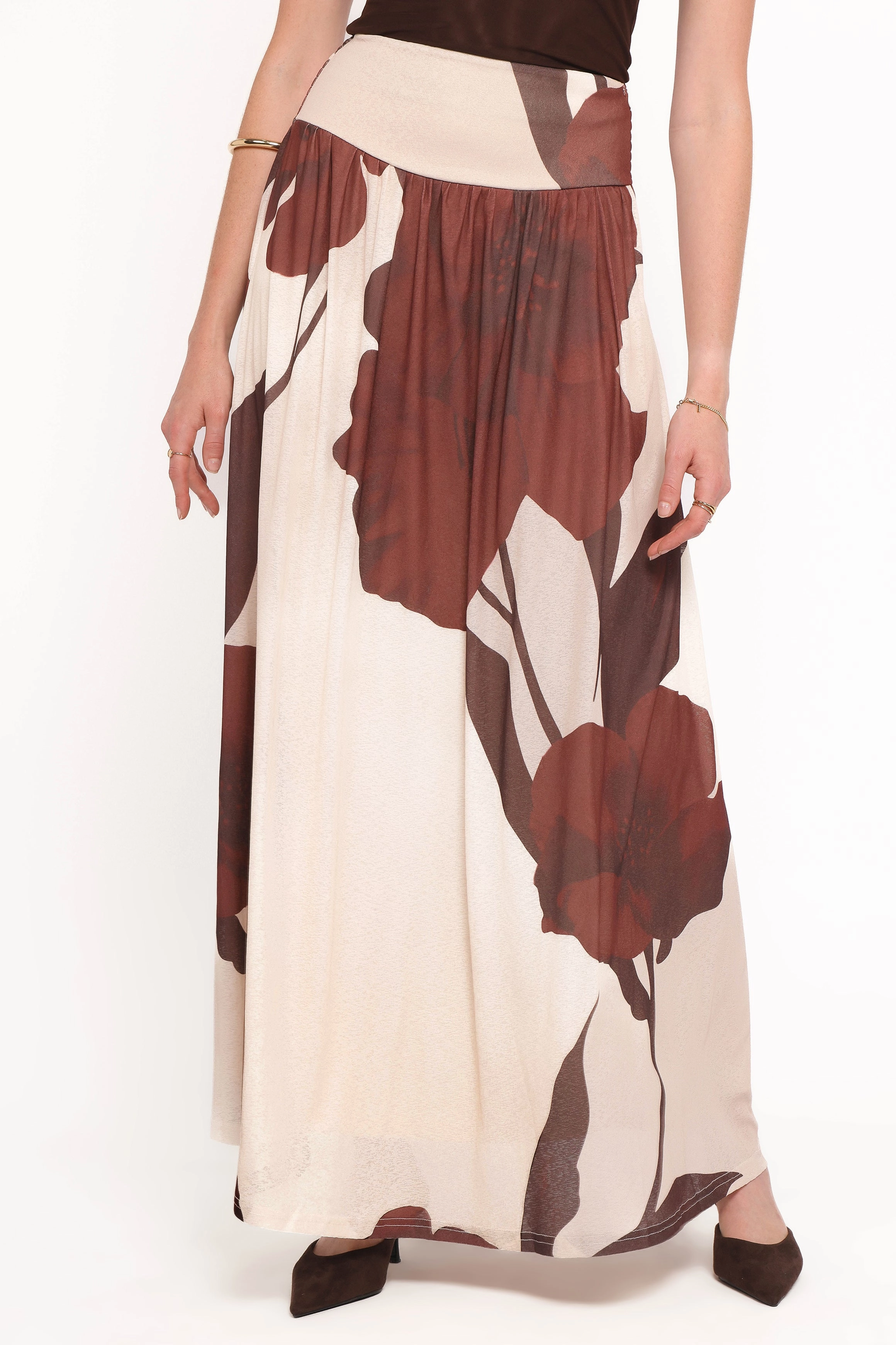 Cascade Maxi Skirt - Cream Brown Floral understated look
