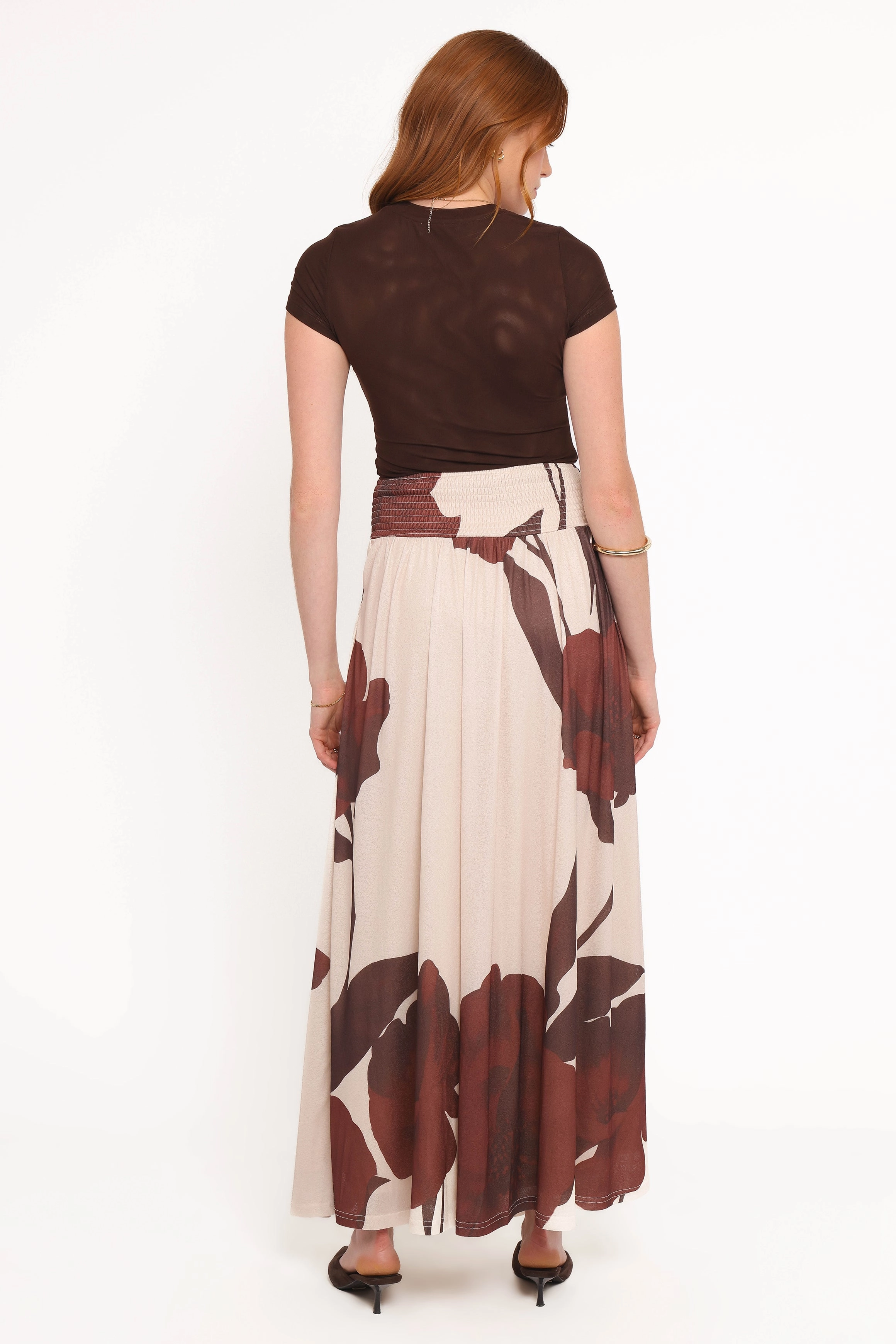 Hemp Blend High Rise Cascade Maxi Skirt - Cream Brown Floral