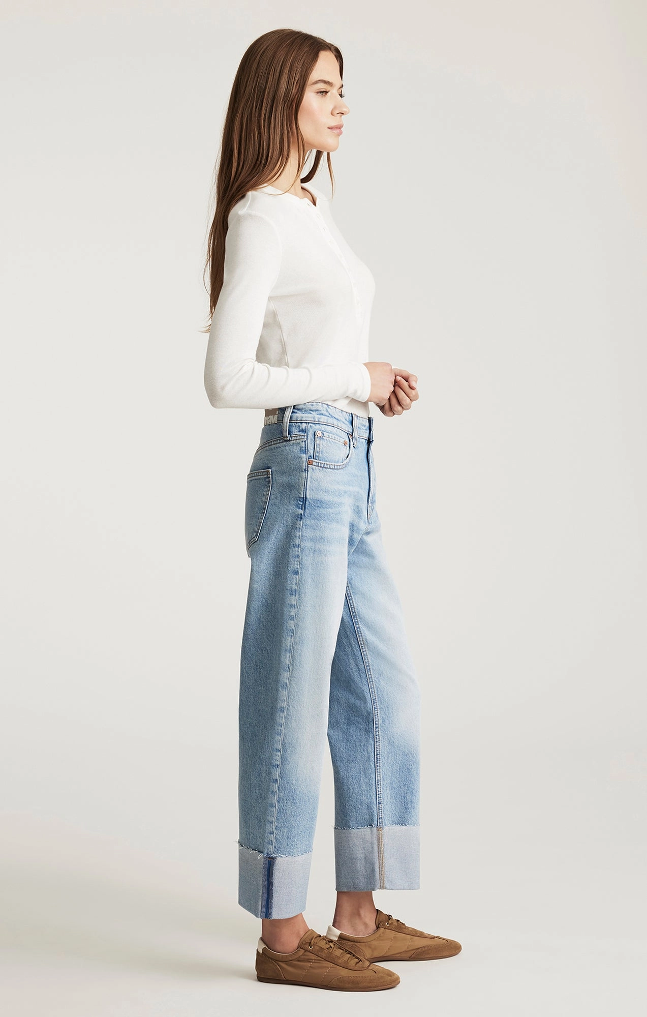 SAVANNAH CUFFED STRAIGHT LEG IN LIGHT BRUSHED CLASSIC BLUE Riveted Stress Points