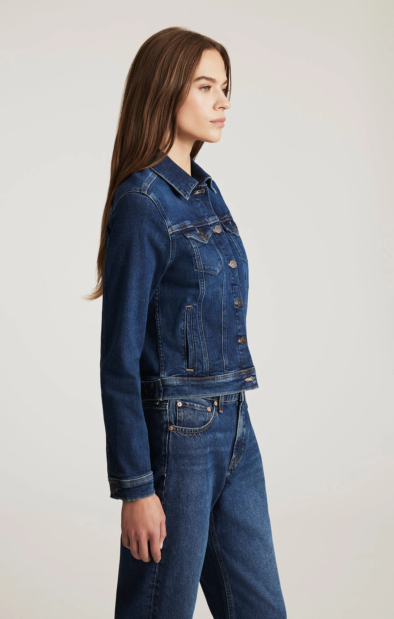 No Bulk Seam Design Function Ready CECILIA DENIM JACKET IN DARK BRUSHED FLEX BLUE