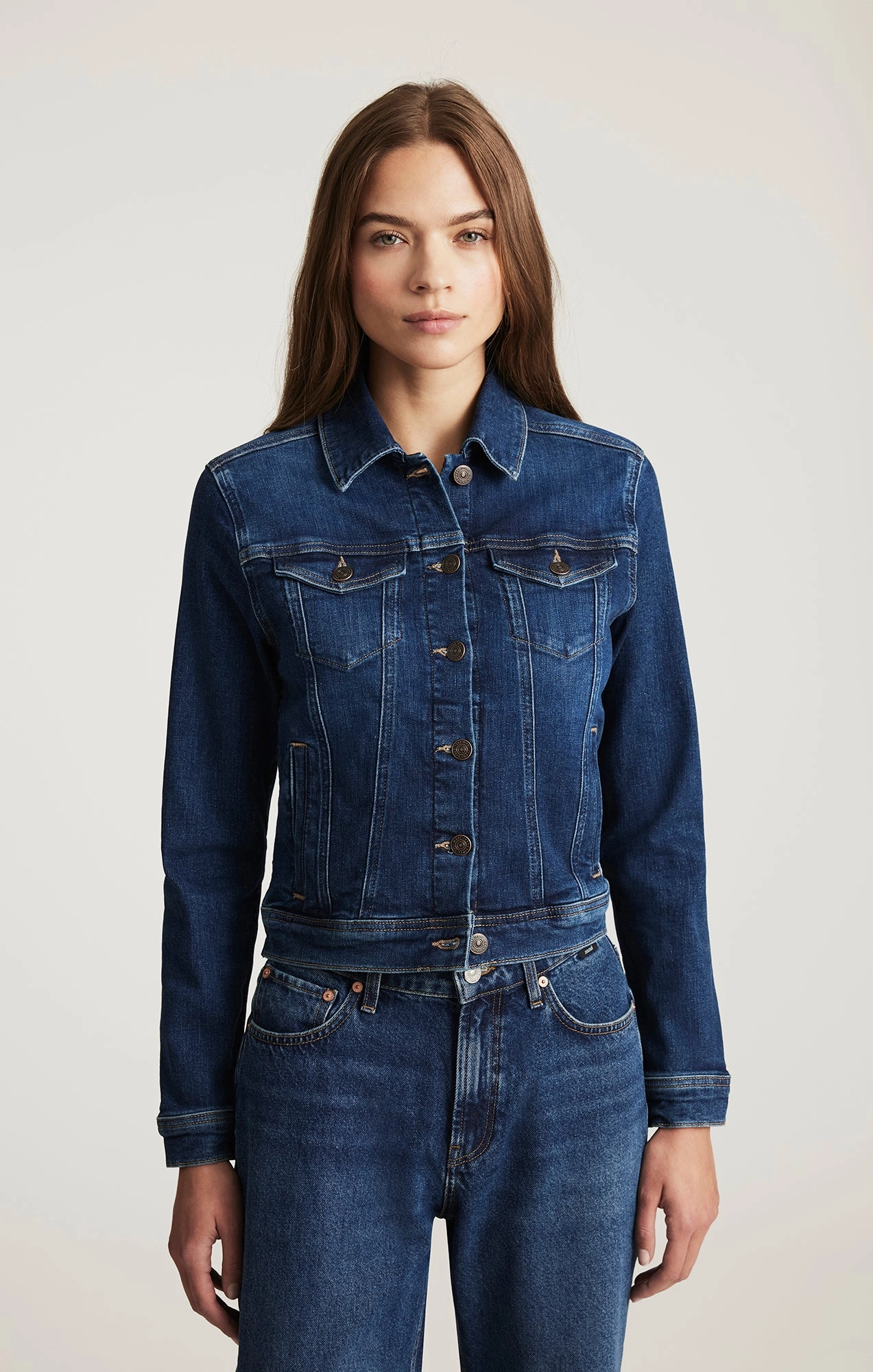 CECILIA DENIM JACKET IN DARK BRUSHED FLEX BLUE Sophisticated Look Easy Pairing