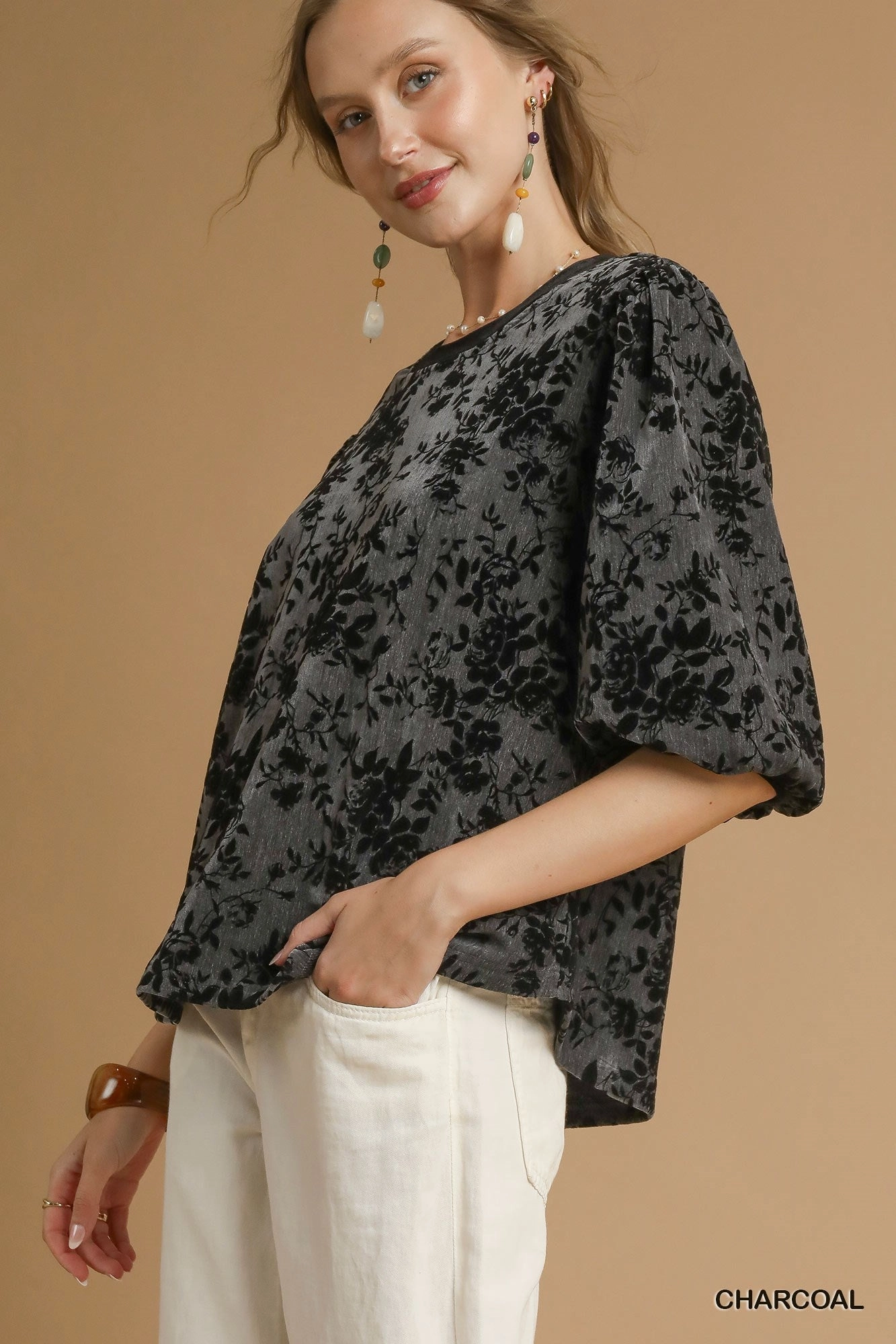 Charcoal Grey & Black Floral Burnout Velvet Top Bonded Seam Technology StaticResistantFabric
