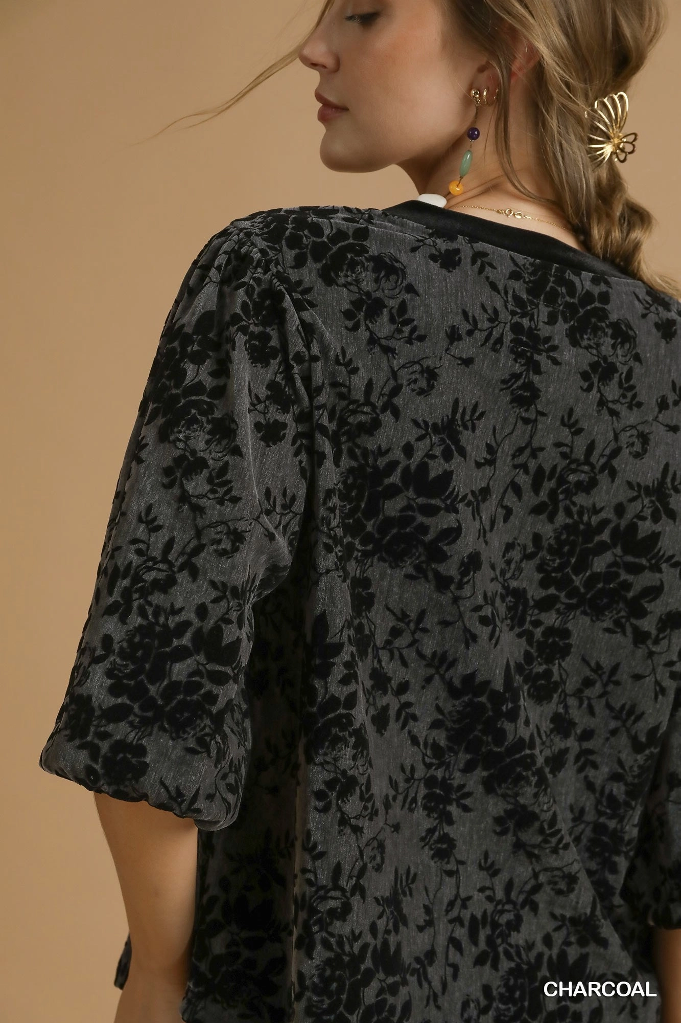 Charcoal Grey & Black Floral Burnout Velvet Top PolishedFinish Brushed Interior