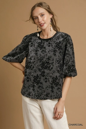 Durable Reinforced Hem Layered Hem Reinforcement Charcoal Grey & Black Floral Burnout Velvet Top