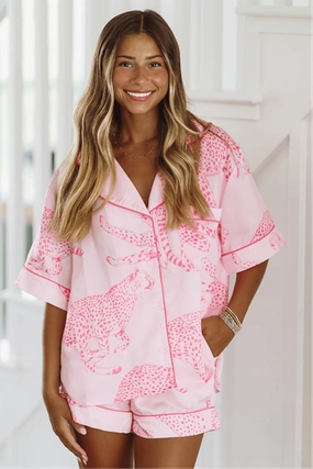 Cheetah Button Down Pajama Top - Pink BrushedInnerSurface