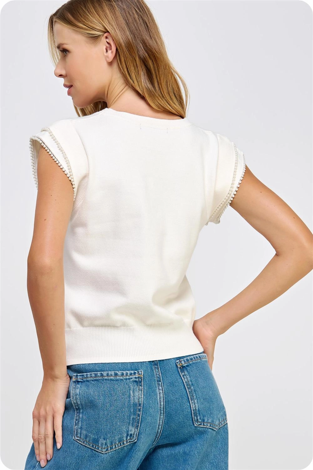 Chic Pearl Trim Sweater Top Airy Mesh Lining Soft Touch Fabric