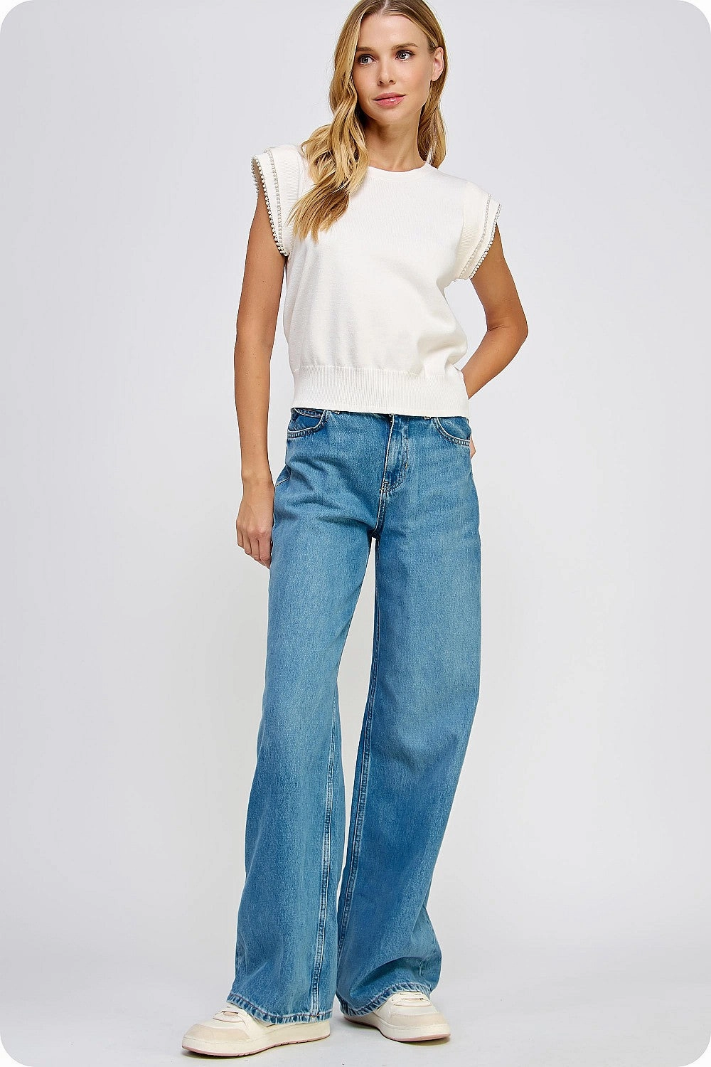 Organic Cotton Fiber Chic Pearl Trim Sweater Top