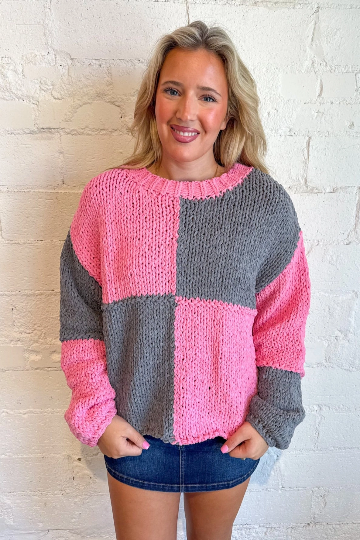 Oversized Collar Style Chunky Knit Colorblock Sweater