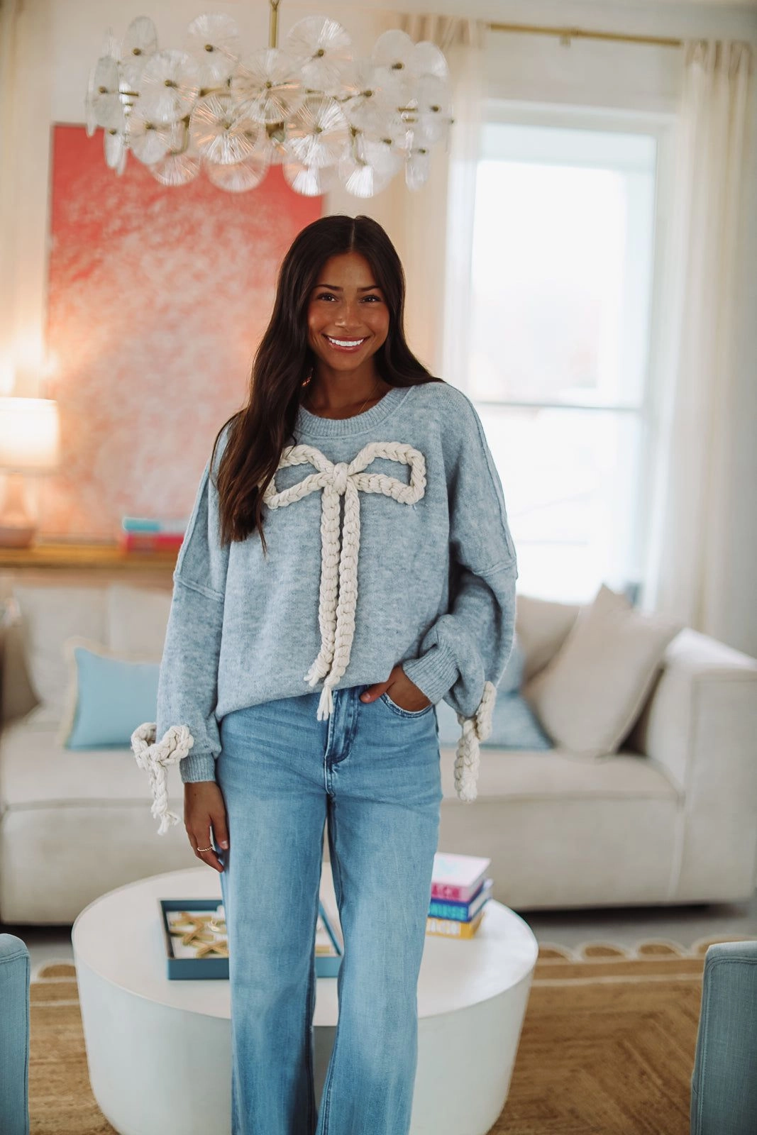 Foldable Cuff Design Clara's Bow Sweater - Blue