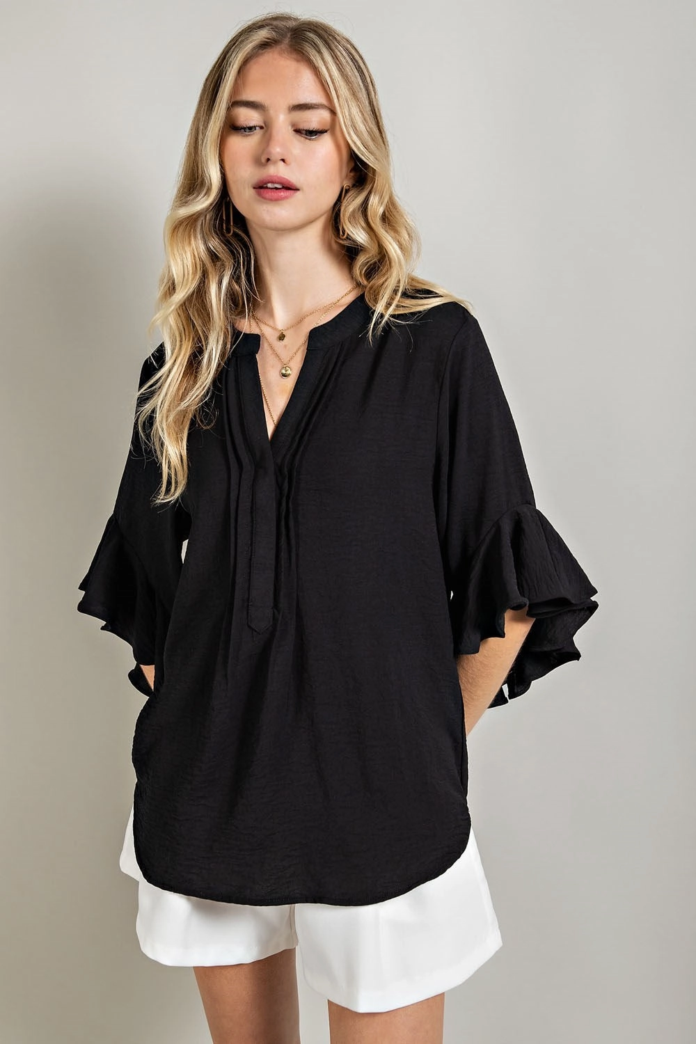 Classic Black Ruffled Bell Sleeve Top Cozy Sweatshirt