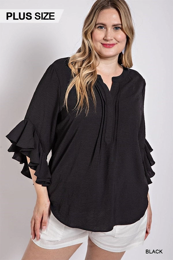 Long Sleeve Tee Low Impact Manufacturing Classic Black Ruffled Bell Sleeve Top