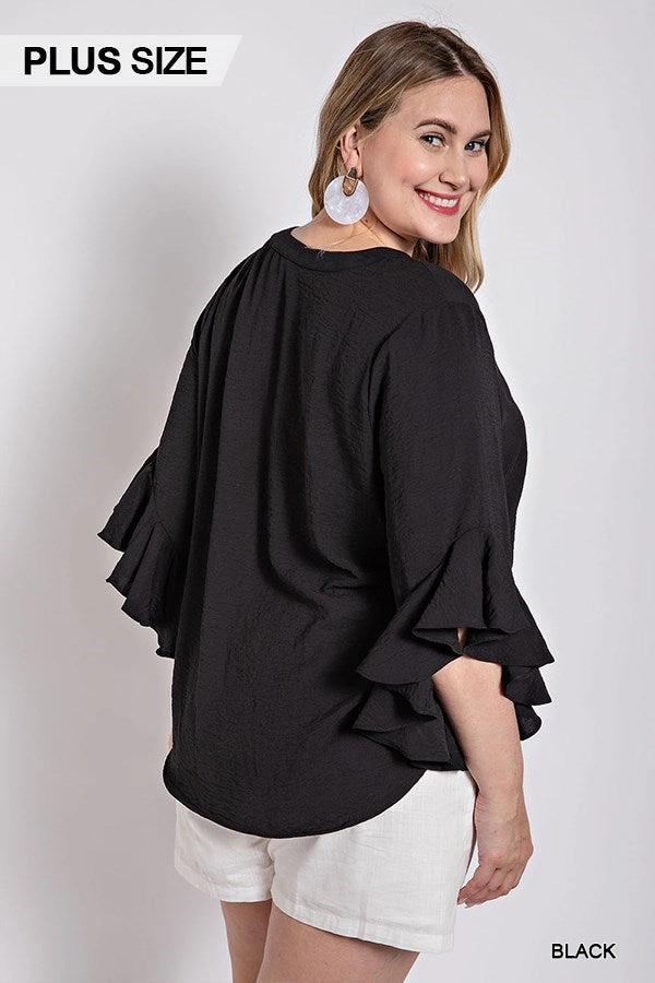 Classic Black Ruffled Bell Sleeve Top WrinkleFree Weaving