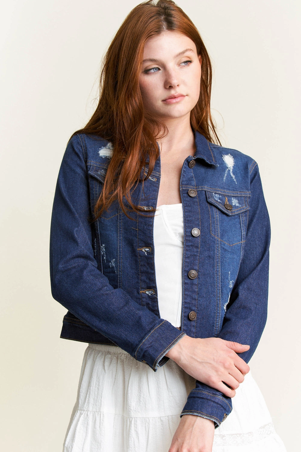 Classic Destructed Denim Jacket MultiPocketLayout Soft Shell