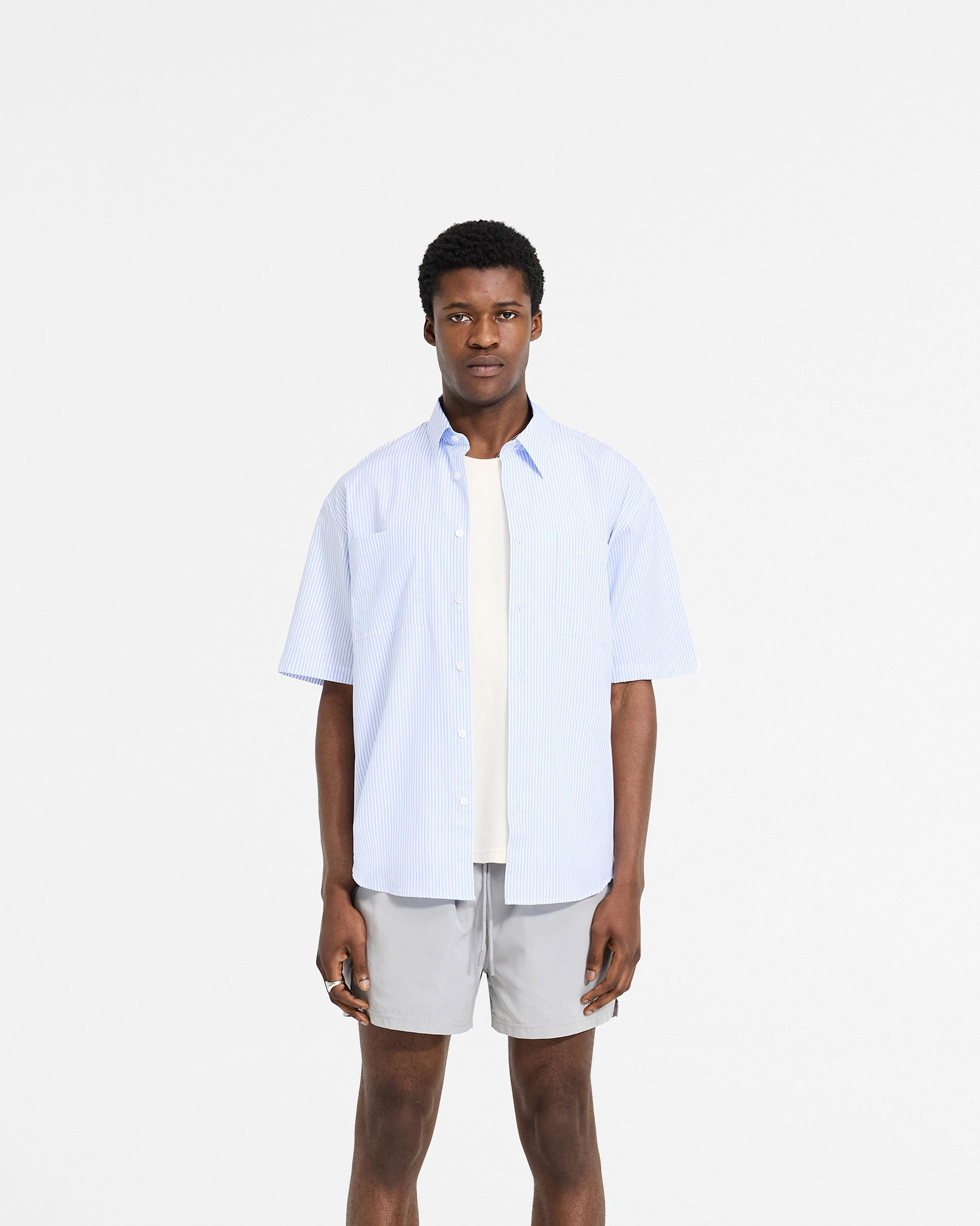 Short Sleeve Pinstripe Shirt - Baby Blue Odor Control Technology Pocket Detail