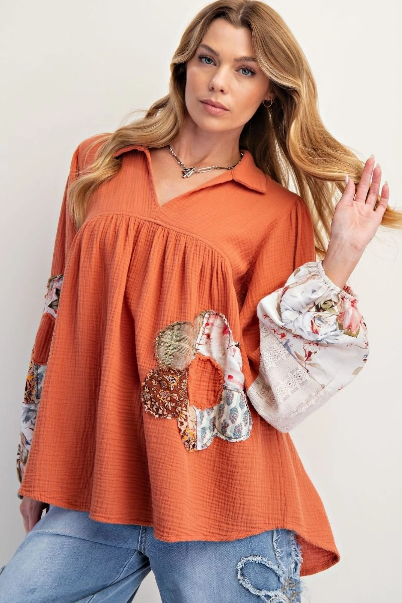 Pumpkin Patchwork Cotton Gauze Tunic Reflective Detailing Multipurpose Layering Piece