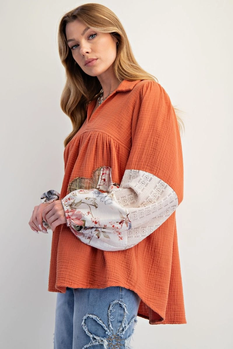 Fitted Design Soft Touch Blend Pumpkin Patchwork Cotton Gauze Tunic